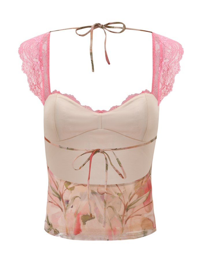 The DUNE TOP - WATERCOLOUR FLORAL by TIGERMIST is a sleeveless pink lace top with sheer cap sleeves, a sweetheart neckline, tie details at the back and waist, and pastel floral hues for a delicate, adjustable fit.