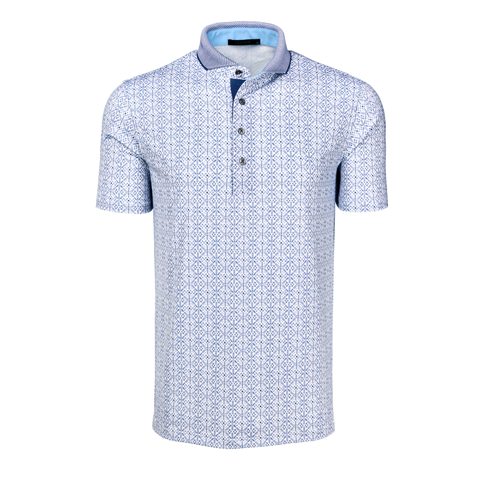 Greyson Echo Falls Short Sleeve Polo - White Blue Geometric Print, Front View, Men's Premium Golf Polo | Greyson Clothiers