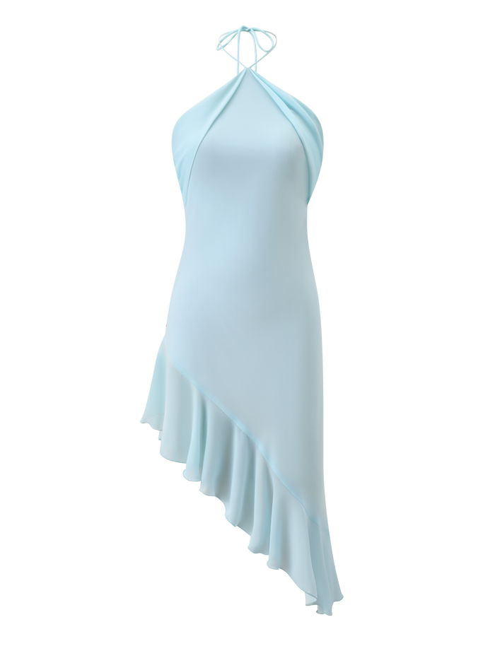 The TIGERMIST ELARINA MIDI DRESS in Mermaid Blue is a chic halter-neck dress with an asymmetrical hemline and ruffled detailing, shown against a plain white background.