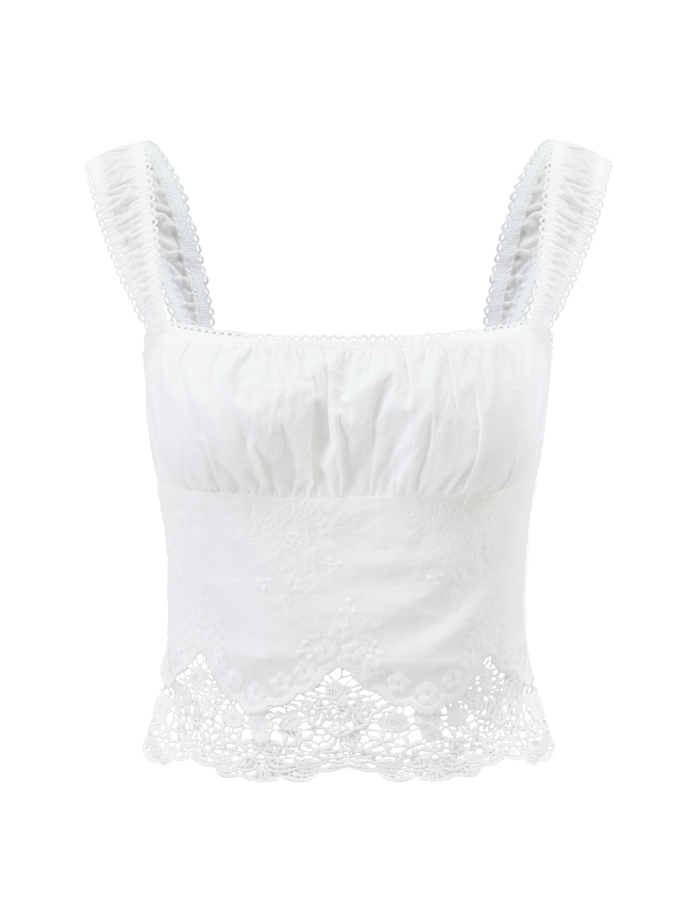 The ELENAI TOP - WHITE by TIGERMIST is a white lace tank with wide, ruched shoulder straps and embroidered cotton eyelet trim at the hem, shown on a plain white background.