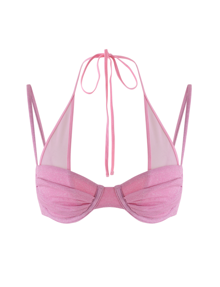 The ELLISON BIKINI TOP by TIGERMIST in baby pink features sparkle lurex, underwire cups, sheer mesh sides, halter neck tie, and adjustable spaghetti straps for a perfect fit.