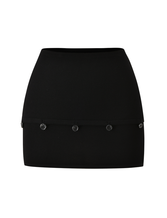 The ELSIE MINI SKIRT - BLACK by TIGERMIST features a fitted silhouette in a fine knit, designed with a horizontal trim and evenly spaced black buttons across the front. Set against a plain white background, this mini skirt is a transeasonal wardrobe essential that blends modern style with timeless versatility.