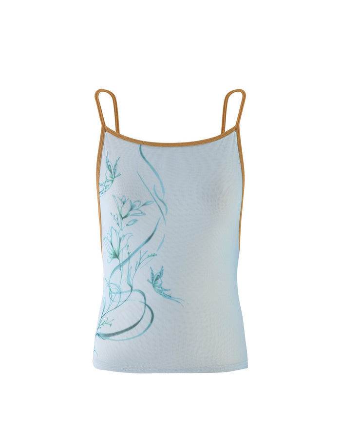 This light blue spaghetti strap tank top, named the Elvera Top - Blue : Gradient Floral by Tiger Mist, features brown piping around the edges and a delicate teal floral and vine design on the front, reminiscent of Tiger Mist's signature style.