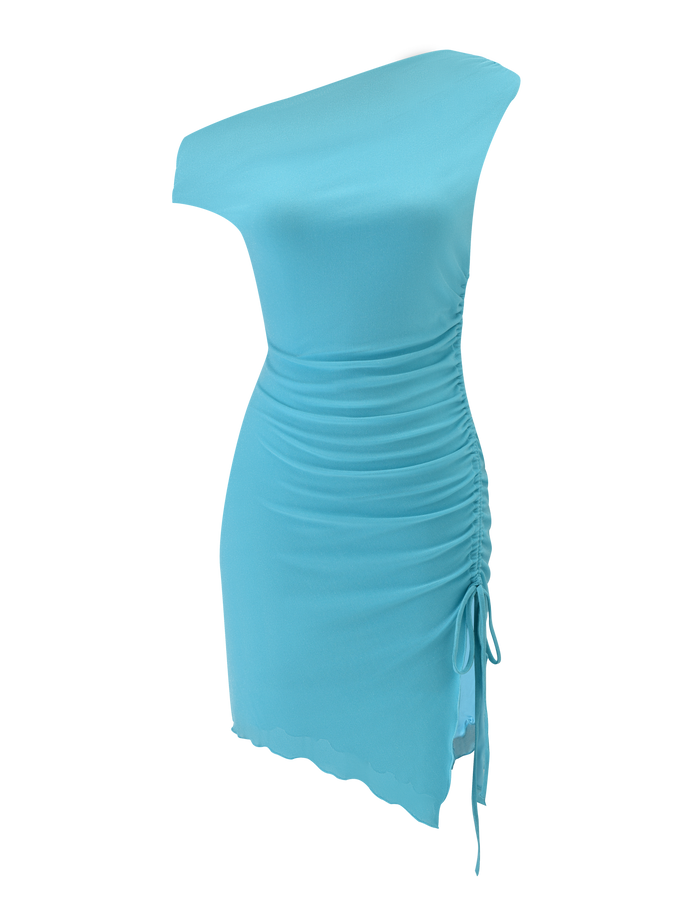 The TIGERMIST ELWYN MINI DRESS - BLUE features a light blue, one-shoulder bodycon design with side ruching, tied drawstring detail, and high-stretch fabric, shown on a mannequin against a white background.