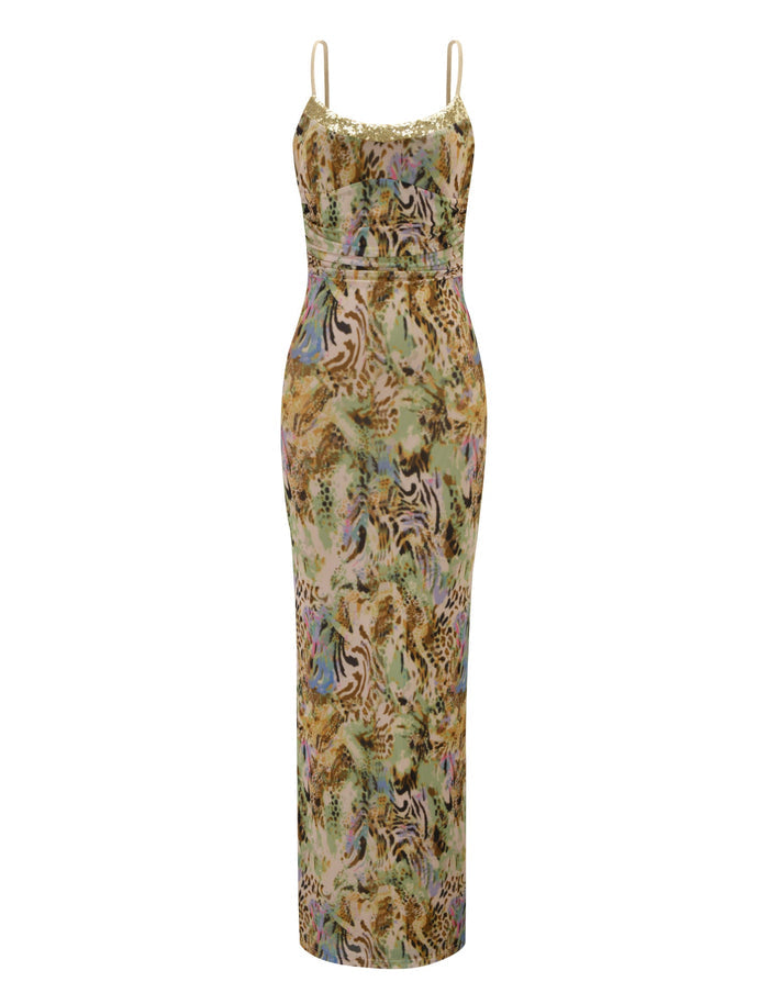 The ELYSIUM MAXI DRESS - ANIMAL SWIRL by TIGERMIST is a sleeveless, fitted mesh maxi dress with thin straps, featuring a multicolored animal swirl print and finished with lace trim along the neckline.