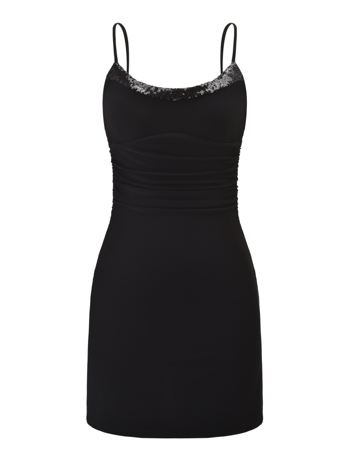 The TIGERMIST ELYSIUM MINI DRESS - BLACK is a sleeveless mesh mini dress with thin spaghetti straps, a fitted silhouette, and sequin detailing at the neckline for an elegant sparkle.