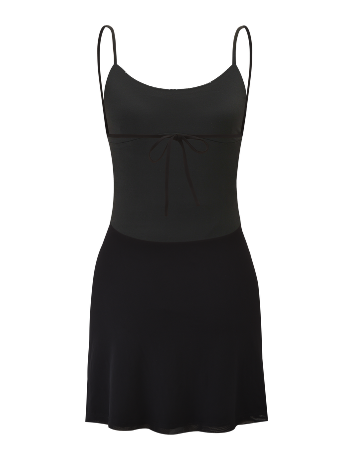 The ELYSIUM MINI DRESS - BLACK by TIGERMIST is a sleeveless mesh mini dress with thin straps, a fitted bodice, front bow, flared skirt, and sequin detailing. Simple yet elegant, it's shown against a plain background.