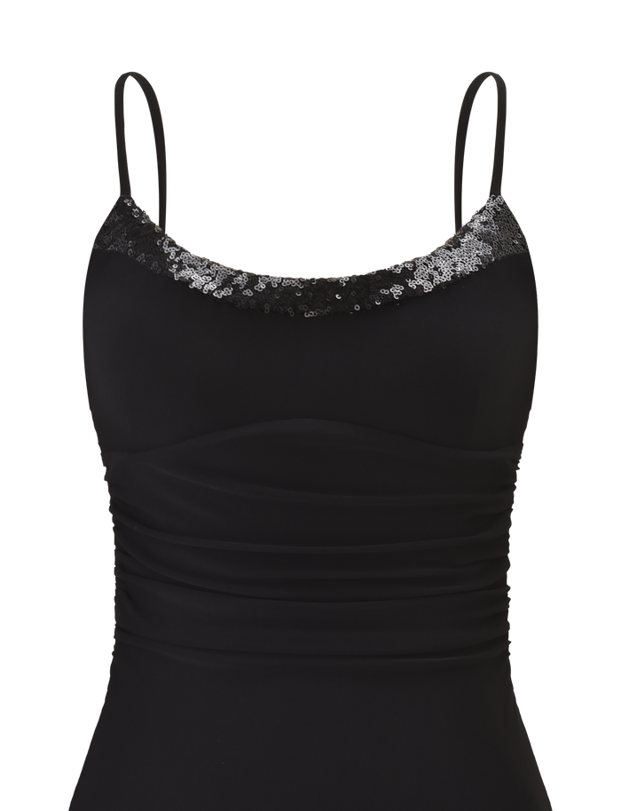 The ELYSIUM MINI DRESS by TIGERMIST is a sleeveless black mesh mini dress featuring thin straps, a ruched waist, and a sequin-adorned neckline with shiny black and silver detailing.