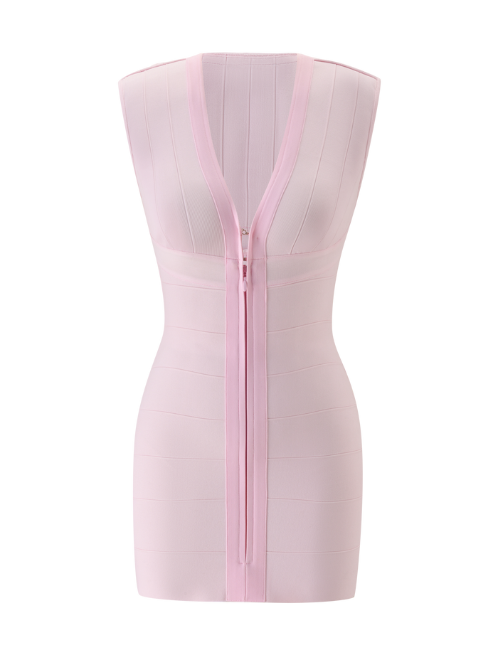 The EMBER BANDAGE MINI DRESS - BABY PINK by TIGERMIST is a light pink, sleeveless mini dress featuring a bodycon fit, a V-neckline, and a central zipper running from the neckline to the hem. It has a structured, body-contouring design.