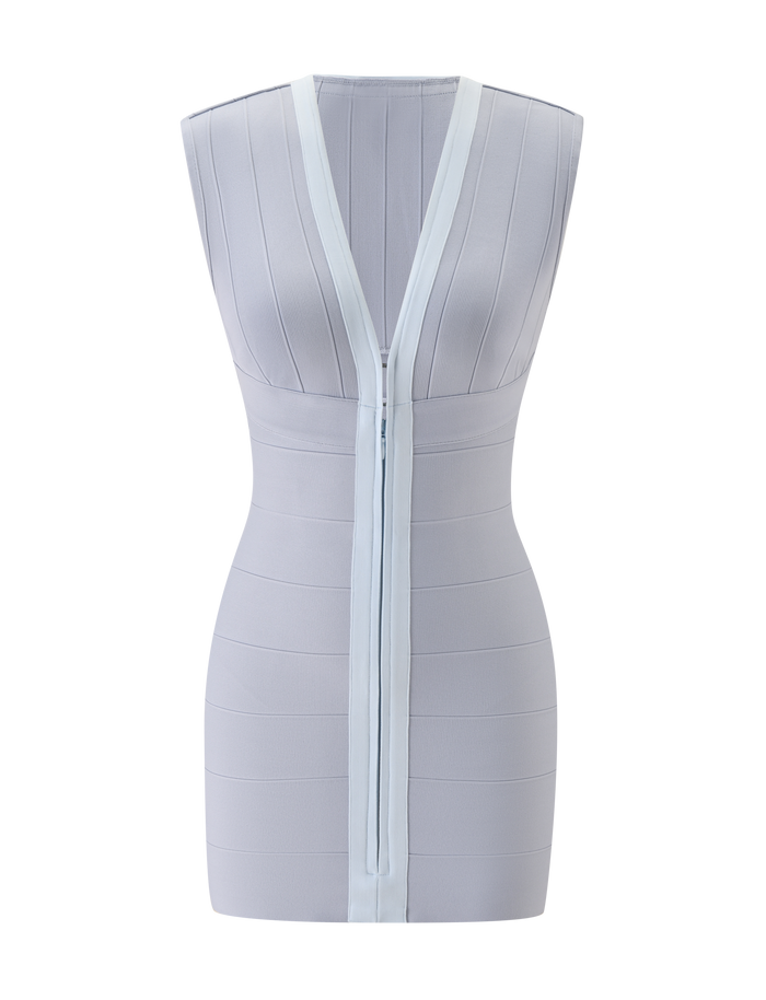 The EMBER BANDAGE MINI DRESS by TIGERMIST is a sleeveless, fitted mini dress in dove grey, featuring vertical ribbing and a deep V-neckline accented with lighter trim, displayed on a white background.