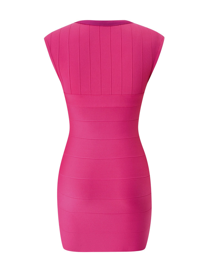 The EMBER BANDAGE MINI DRESS by TIGERMIST is shown from the back in a vivid magenta hue. This sleeveless, form-fitting mini dress features horizontal bandage-style panels and a striking bodycon silhouette, making it an ideal choice for summer occasions.