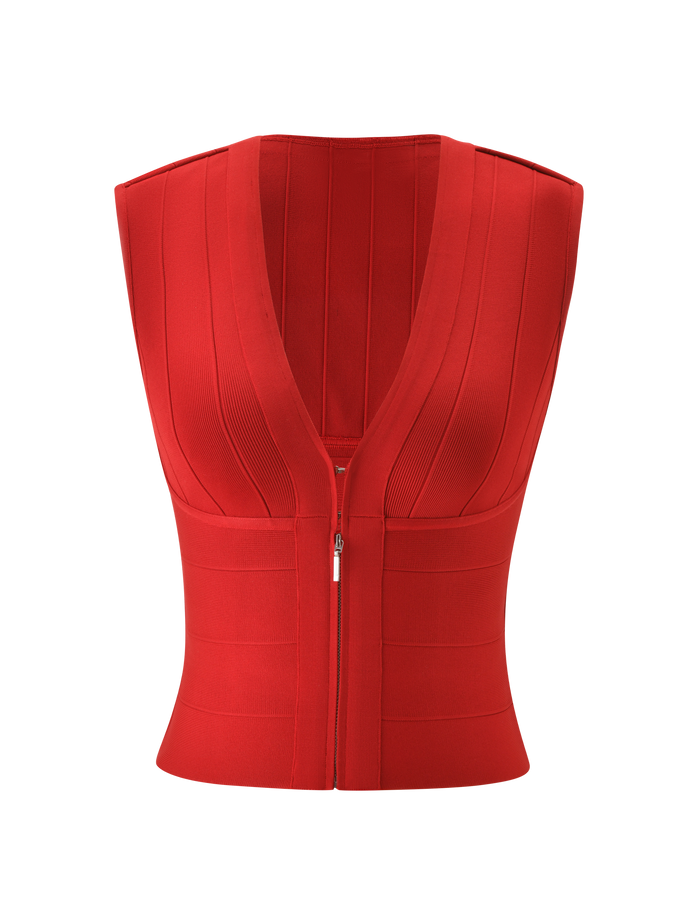 The EMBER BANDAGE TOP by TIGERMIST is a red, sleeveless, fitted tank featuring vertical ribbed detailing, a plunging v-neckline, and a front zipper closure for a sculpted look.