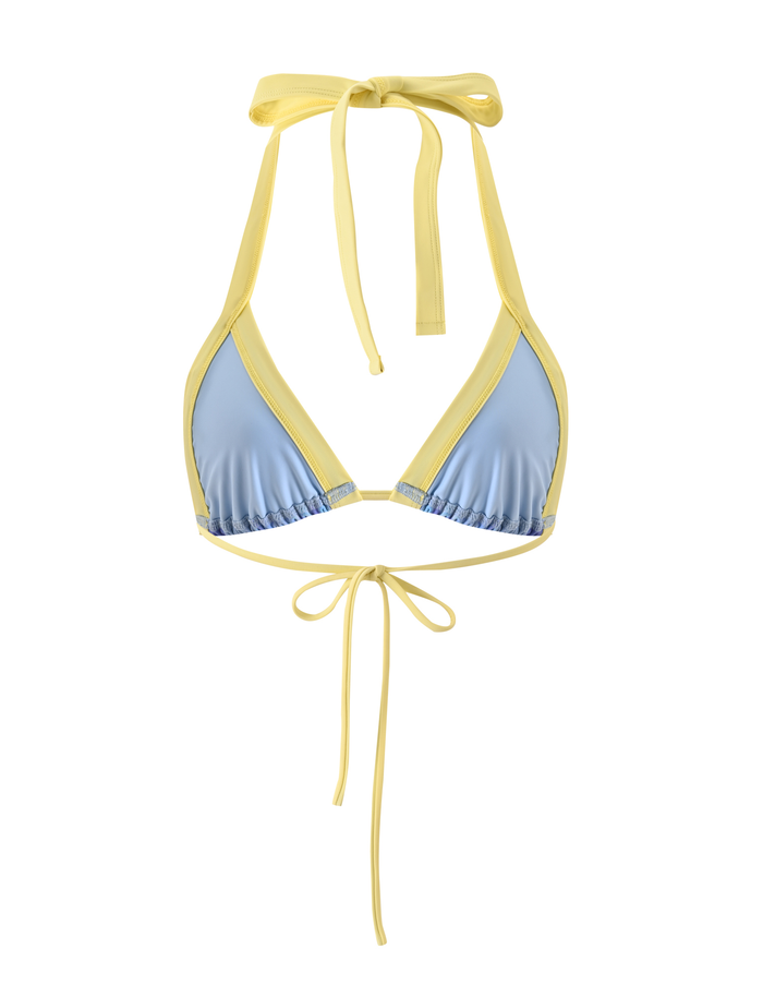 The EMBERLAIN BIKINI TOP - BLUE MACRO FLORAL by TIGERMIST is a high stretch halter bikini top in blue with yellow trim, featuring back tie closures and shown on a white background.