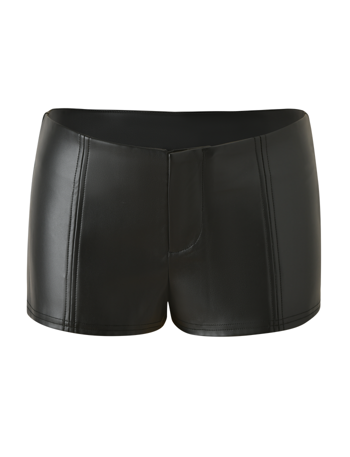 The EMERALD SHORT - BLACK by TIGERMIST features black stretch PU mini shorts with vertical front seam details and a mid-rise fit, shown against a plain white background.