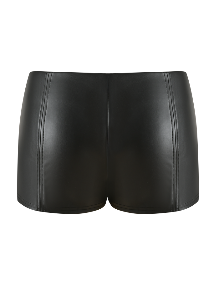The EMERALD SHORT - BLACK by TIGERMIST features black faux leather, vertical seam details, a high-waist fit, and stretch PU for comfort—shown on a plain white background for a modern look.