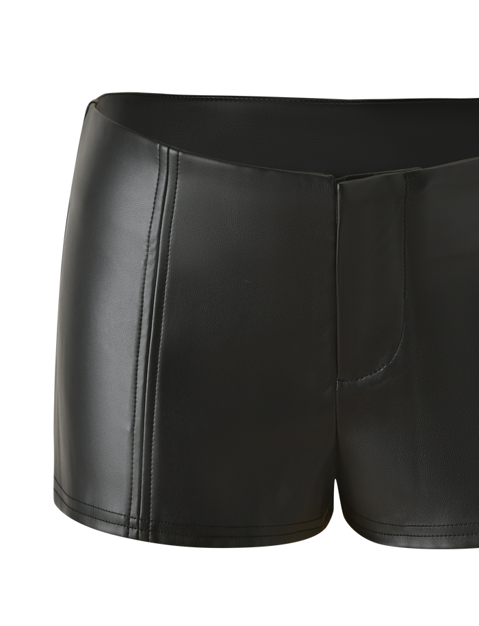 The TIGERMIST EMERALD SHORT - BLACK features high-waisted black faux leather mini shorts with a smooth, shiny stretch PU finish, designed for comfort and style, shown against a plain white background.