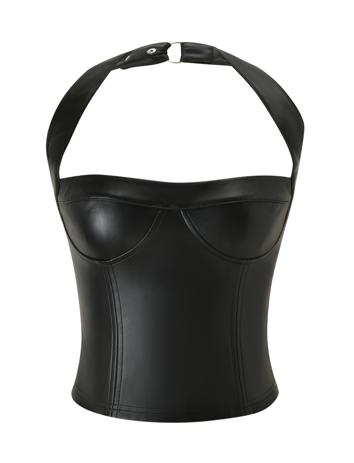 The EMERALD TOP - BLACK by TIGERMIST is a black stretch PU halter with visible seams, structured cups, and a neck snap closure. This faux leather corset is shown against a plain white background.