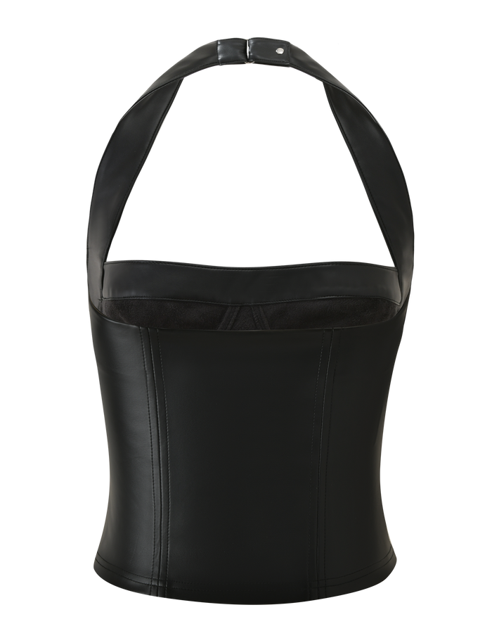 The TIGERMIST EMERALD TOP - BLACK is a stretch PU faux leather halter top featuring wide straps, structured seams, and a smooth, fitted silhouette, displayed against a white background.
