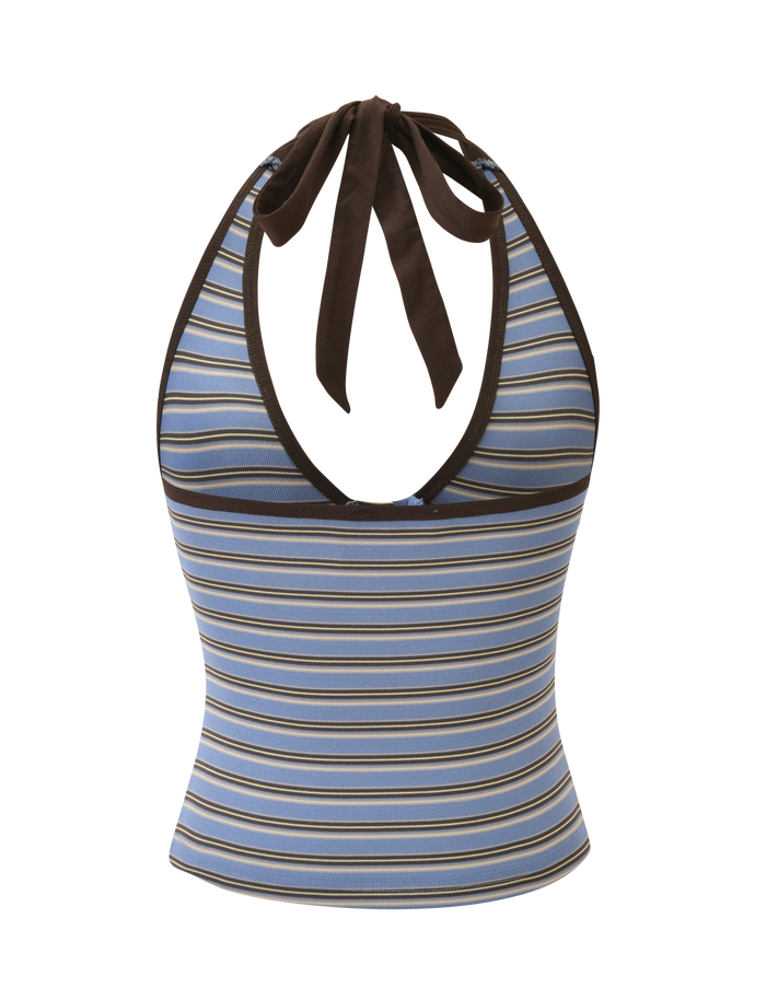 The TIGERMIST EMERSYN TOP - MULTISTRIPE is a sleeveless, form-fitting halter tank with a deep V neckline, brown tie at the neck, and brown, blue, and white horizontal stripes, shown on a plain white background.