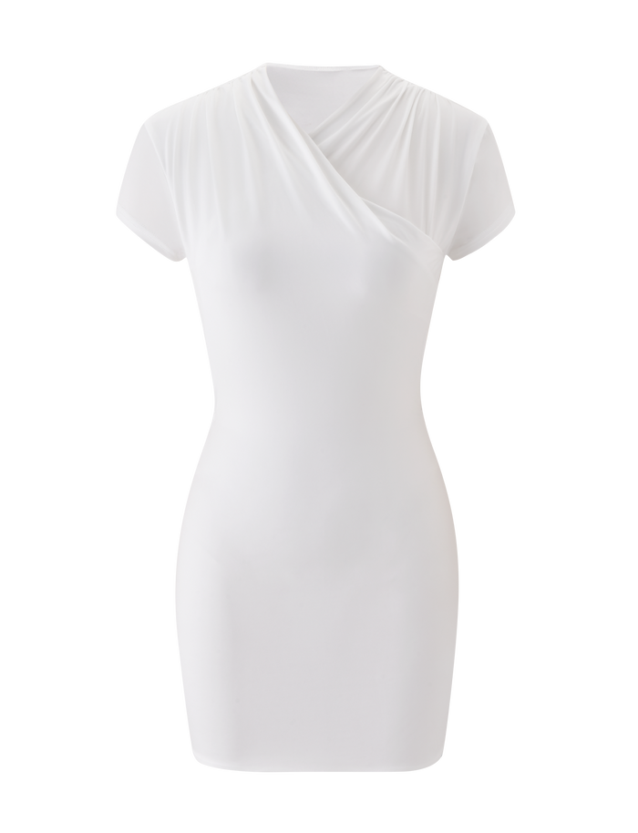 The TIGERMIST EMILY MINI DRESS - WHITE is a short-sleeved, fitted mini dress featuring a slight wrap neck drape, shown on a plain white background.