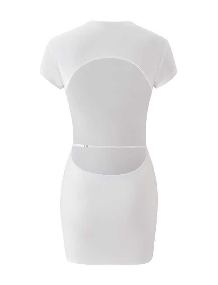The EMILY MINI DRESS - WHITE by TIGERMIST is a fitted white mini dress with short sleeves, an open back, and a slim strap at the lower back. It includes a built-in bodysuit for comfort and is pictured on a plain white background.