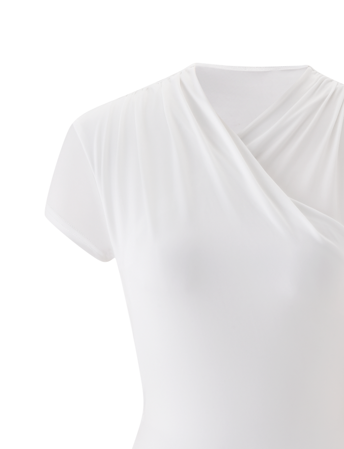 Close-up of the TIGERMIST EMILY MINI DRESS in white, featuring short sleeves, a draped wrap neck, and an asymmetrical neckline, shown against a plain white background.