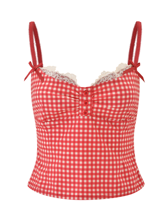 The EMMALINE BUSTIER by TIGERMIST features a red gingham print, thin adjustable straps with small bows, delicate lace trim along the sweetheart neckline, front button detail, and a flattering fitted silhouette.
