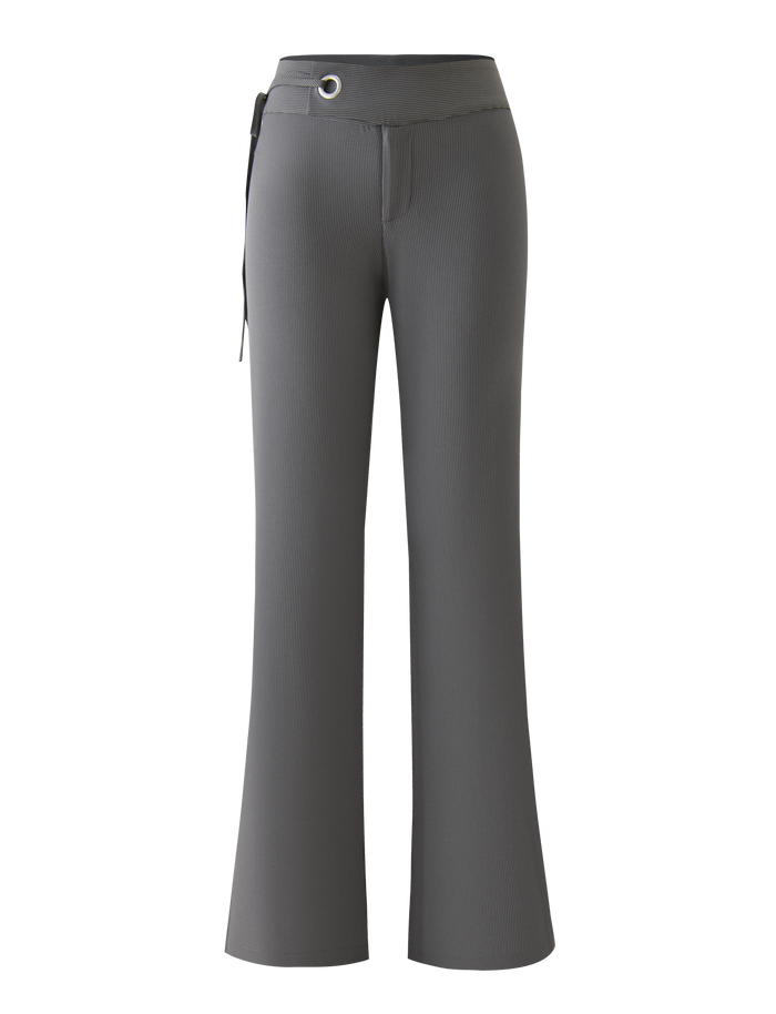 The EMORY PANT - GREY PINSTRIPE by TIGERMIST features a high-waisted, wide-leg design with subtle texture, a wide belt with a large metallic grommet, and a sleek, tailored fit for a modern look.