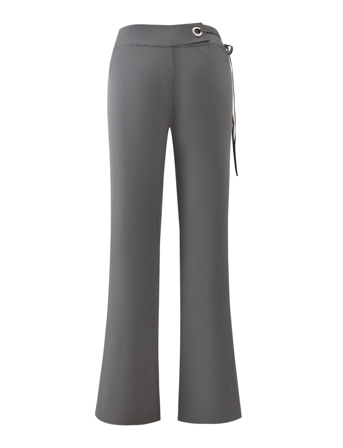 Back view of the TIGERMIST EMORY PANT in grey pinstripe, showcasing a high-waisted wide-leg fit with side-tie and eyelet detail at the waistband, set against a plain white background.