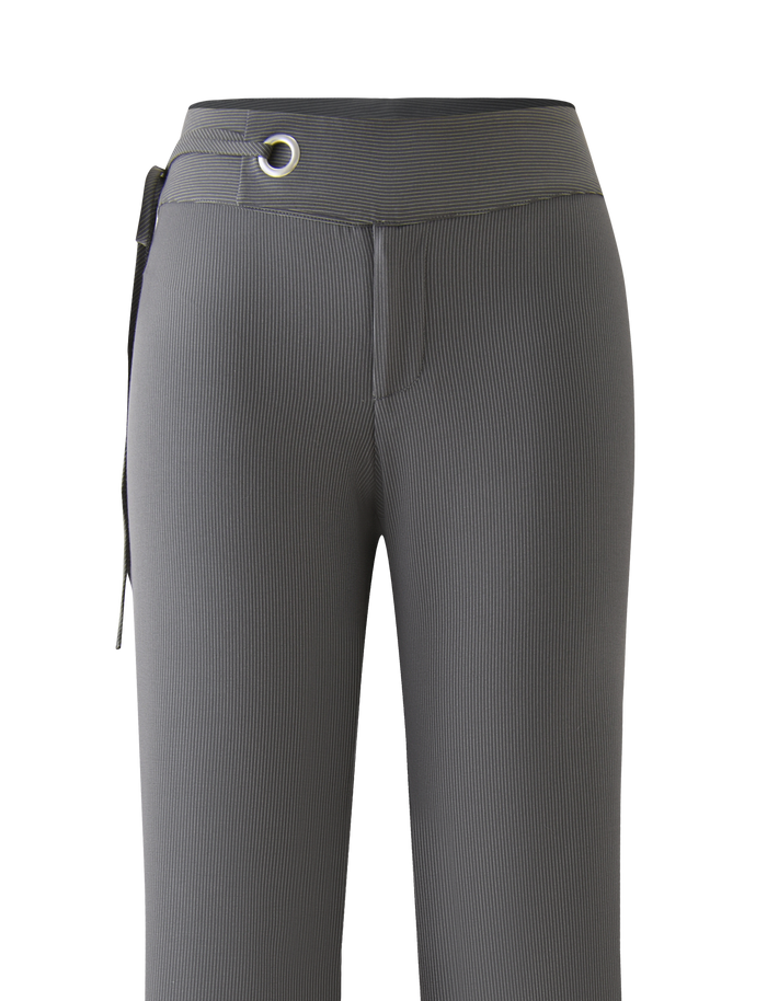The EMORY PANT - GREY PINSTRIPE by TIGERMIST features a high-waisted, straight-leg design with silver grommet detail and a matching wide belt at the waistband for a sleek, pocketless finish.