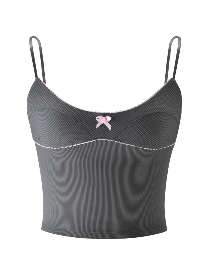 The EMORY TOP - GREY PINSTRIPE by TIGERMIST is a ribbed dark gray camisole with adjustable thin straps, a scoop neckline, pink scalloped trim, and a small pink bow at the center, shown on a plain white background.