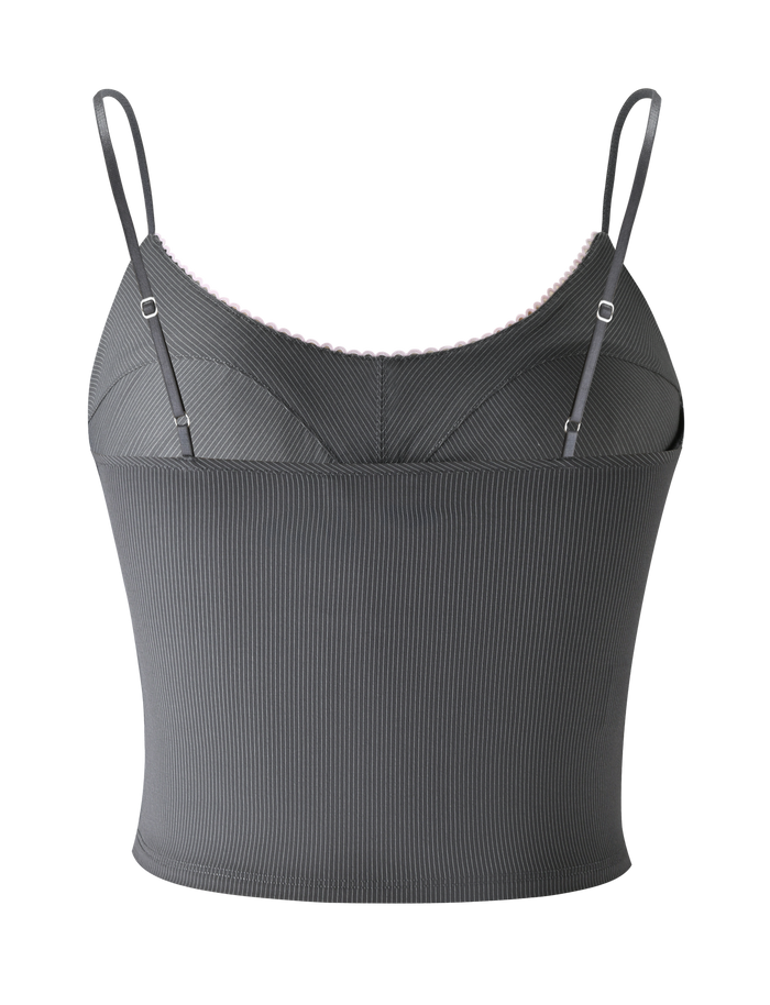 The TIGERMIST EMORY TOP in grey pinstripe features adjustable straps and a subtle sweetheart neckline, shown against a plain white background.