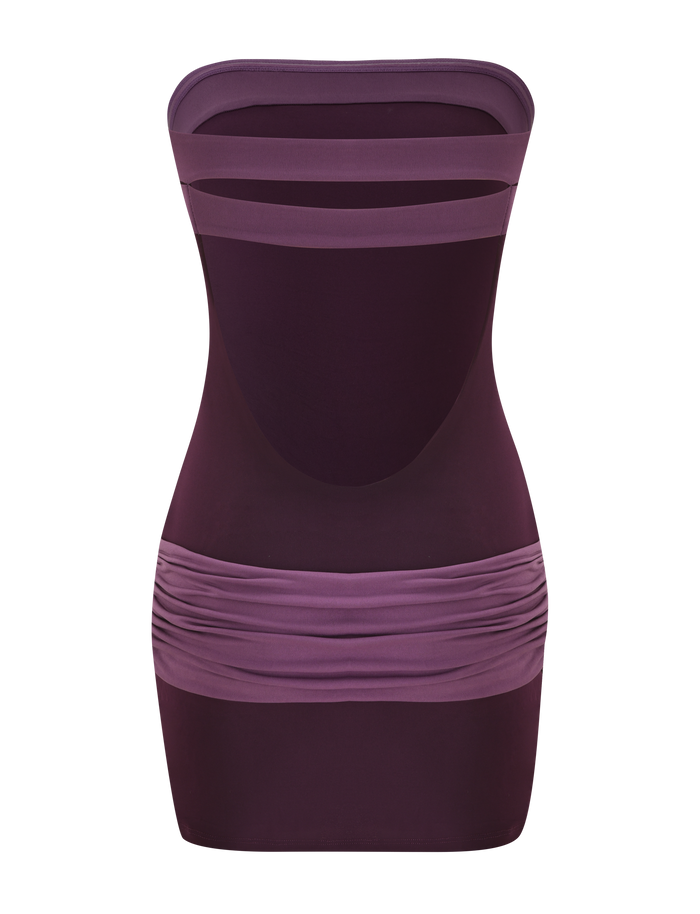 The EOS MINI DRESS - AUBERGINE AND IRIS by TIGERMIST features a strapless neckline, form-fitting silhouette, sheer mesh cutouts on the chest and midsection, hip-gathered details, and is shown against a plain white background.
