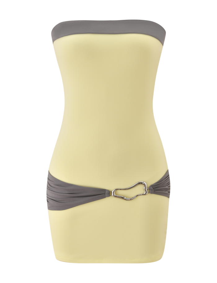 The EOS MINI DRESS by TIGERMIST features a strapless neckline in butter yellow with grey color-blocked bands and a silver front clasp, shown fitted on a plain white background.