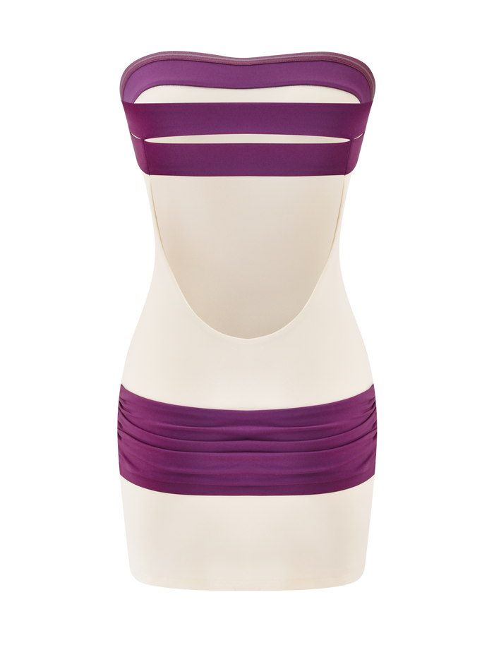 The TIGERMIST EOS MINI DRESS in cream and dusty lilac features a fitted, color-blocked silhouette with bold purple bands and a low-cut open back—a chic strapless mini perfect for making a statement at any event.