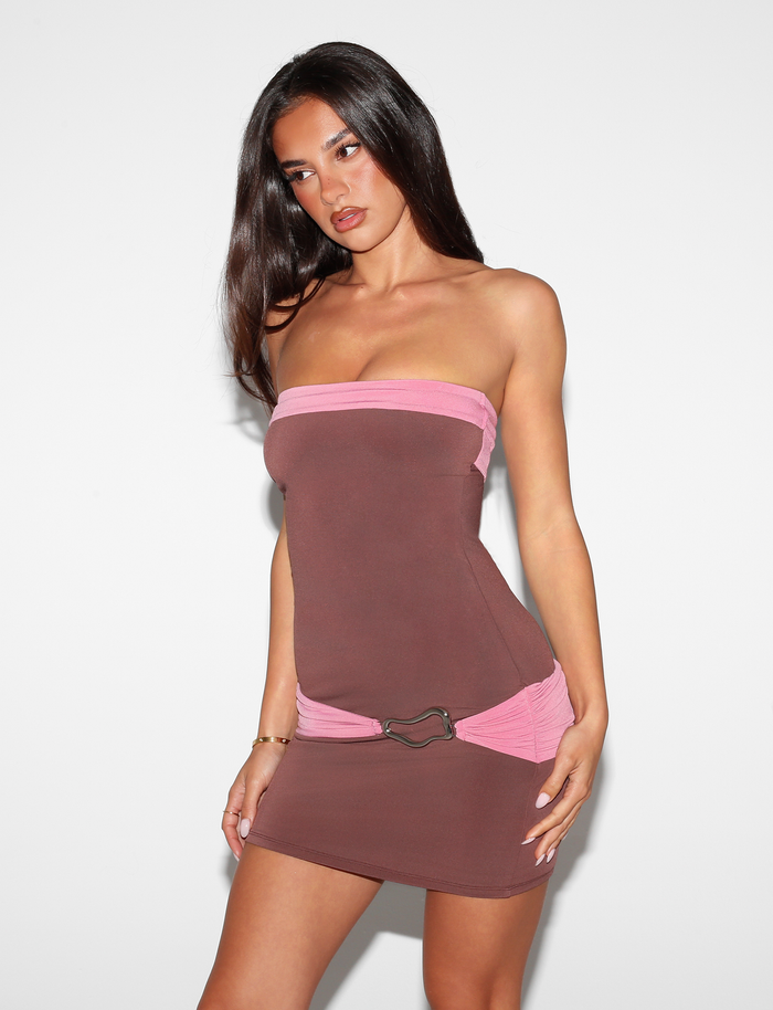 A woman with long dark hair wears the Tiger Mist USA CL - EOS MINI DRESS, a strapless brown mini dress with pink accents, posing against a plain white background.