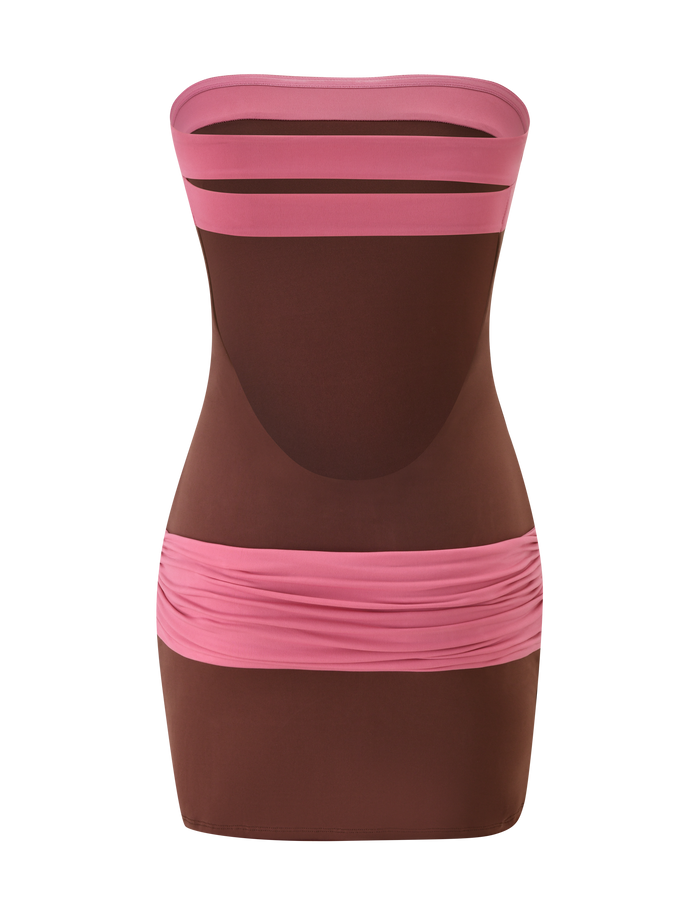 The EOS MINI DRESS - ESPRESSO AND ROSE by TIGERMIST is a strapless, bodycon mini dress featuring sheer brown fabric with pink bands at the top and hips, colour blocked design, and a fitted silhouette. Shown on a white background.