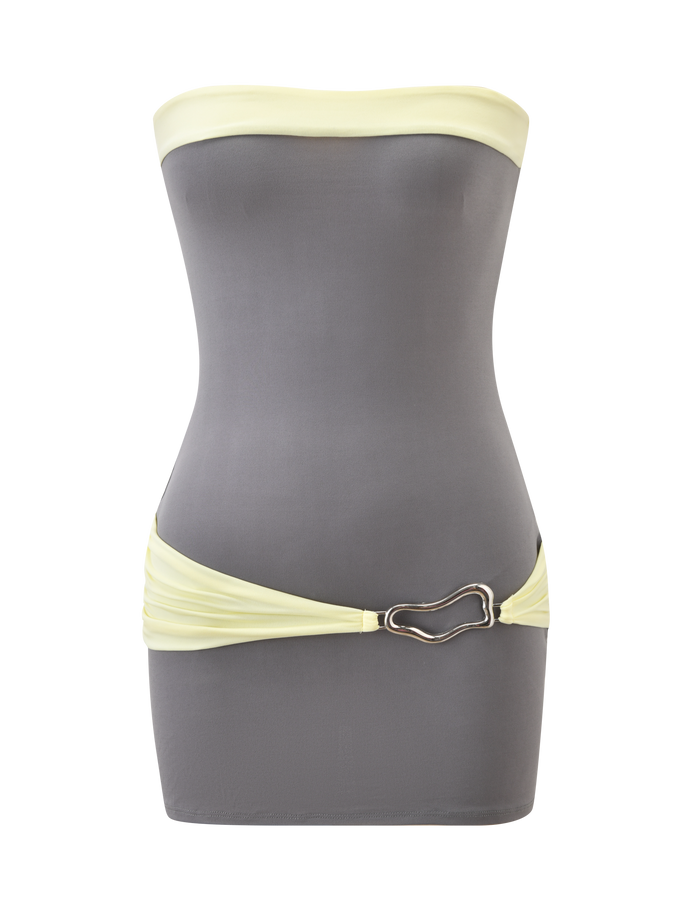 The TIGERMIST EOS MINI DRESS in grey and yellow features a strapless color-blocked design, light yellow trim across the top, a matching yellow hip belt, and a silver abstract butterfly-shaped buckle.