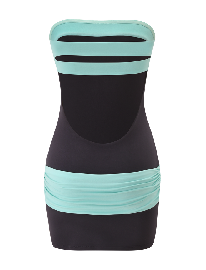 The TIGERMIST EOS MINI DRESS - MIDNIGHT AND AQUA is a strapless, form-fitting mini dress with black fabric, light blue bands across the chest and hips, and an oval front cutout.