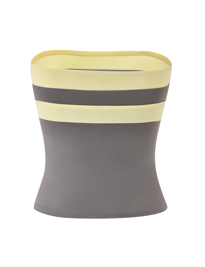 The EOS TOP - GREY AND YELLOW by TIGERMIST is a fitted, sleeveless, strapless boob tube with color-blocked yellow and gray bands on top and a solid gray lower half, pictured against a plain white background.