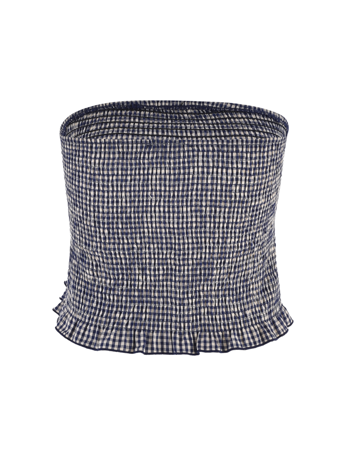 The TIGERMIST ERYNN TOP in navy gingham is a strapless, bodycon smocked top with a ruffled hem, shown on a white background.