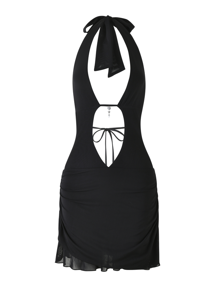 The TIGERMIST ESHA DRESS in black is a mini bodycon with halter straps, open back, front keyhole cutout, neckline and midsection tie detailing, ruched skirt, and a sheer hem for an alluring look.