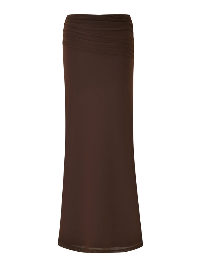 The ESHA MAXI SKIRT - BROWN : CHOCOLATE by TIGERMIST features an asymmetrical waistband and a flared hem. The smooth, lightweight fabric drapes evenly for a chic silhouette.