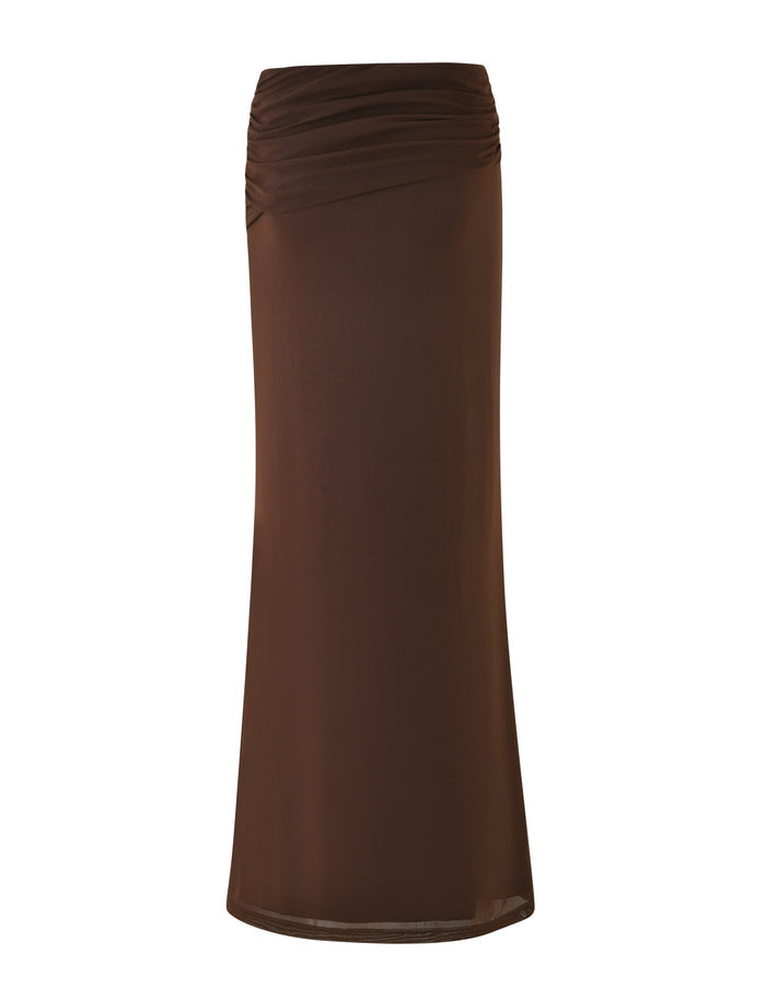 The TIGERMIST ESHA MAXI SKIRT - BROWN: CHOCOLATE highlights a ruched waist and a smooth-textured A-line maxi design, elegantly falling to the hem.