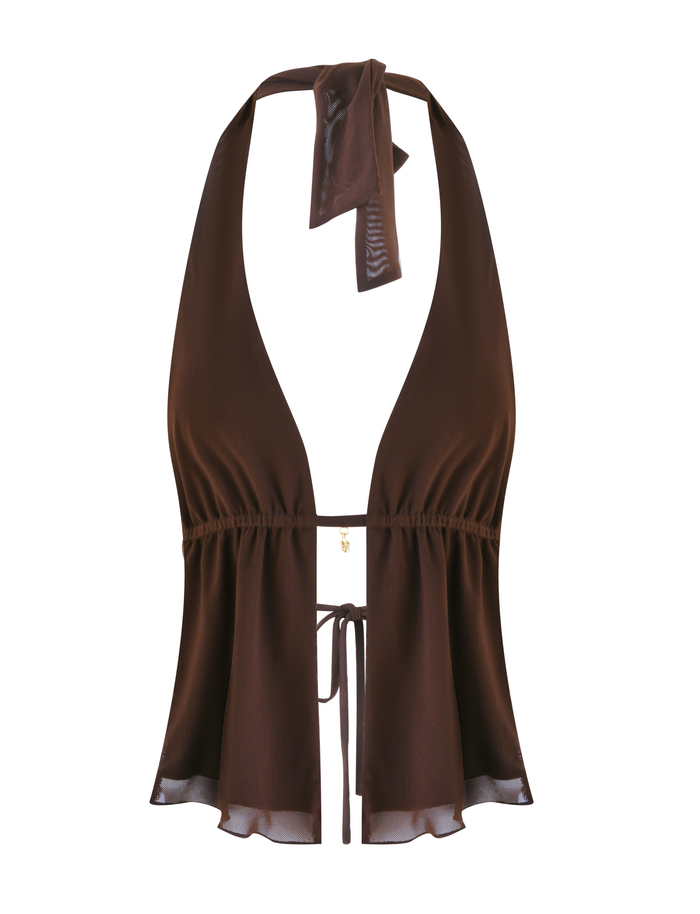 The TIGERMIST ESHA TOP - BROWN : CHOCOLATE features adjustable halter neck and front ties, a deep V neckline, and a flared, slightly sheer peplum hem for a chic look.