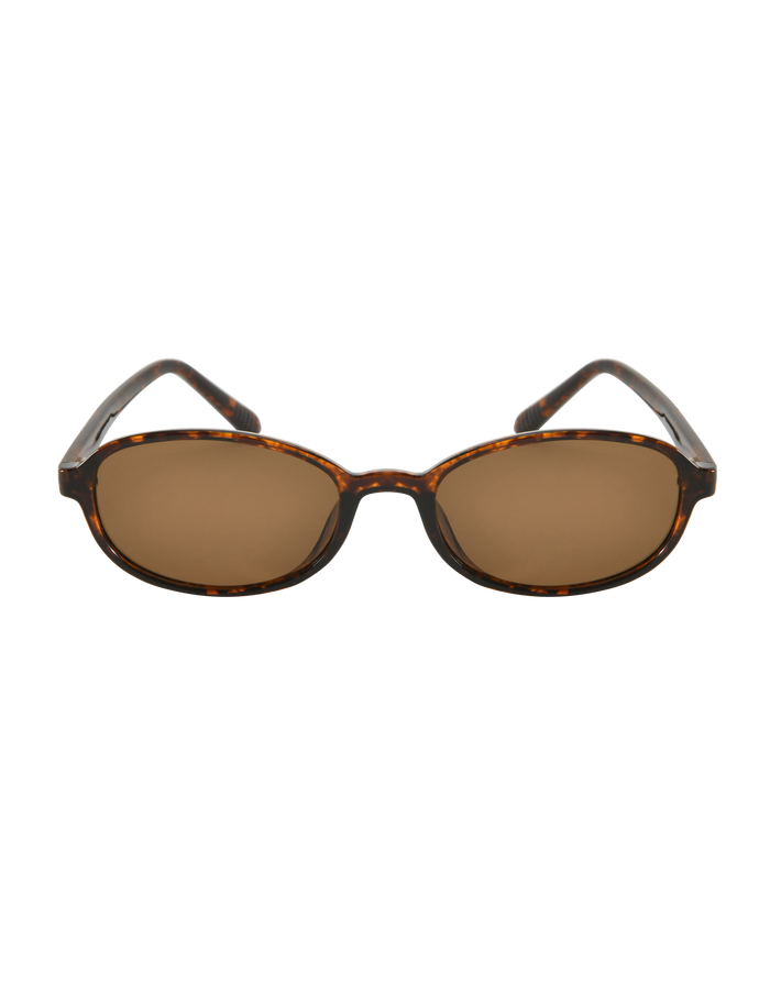 The ESTA GLASSES - TORTOISESHELL by TIGERMIST feature oval tortoiseshell frames, brown tinted lenses with UV400 protection, and are showcased on a plain white background.