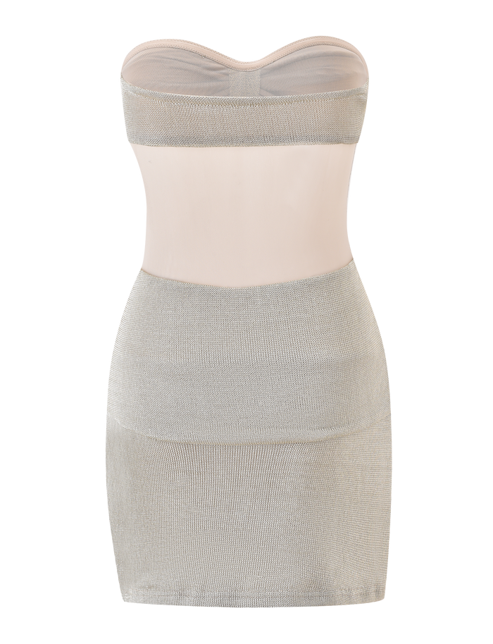 The TIGERMIST ESTE MINI DRESS in champagne is a strapless, body-shaping slip dress featuring a semi-sheer mesh midsection and fitted, stretchy design, shown against a plain white background.