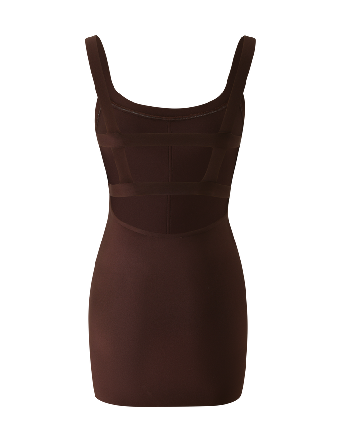 The EVA BANDAGE MINI DRESS by TIGERMIST is a chocolate brown, sleeveless bodycon tank mini dress featuring wide shoulder straps and subtle seam detailing for a sculpted silhouette, shown against a white background.