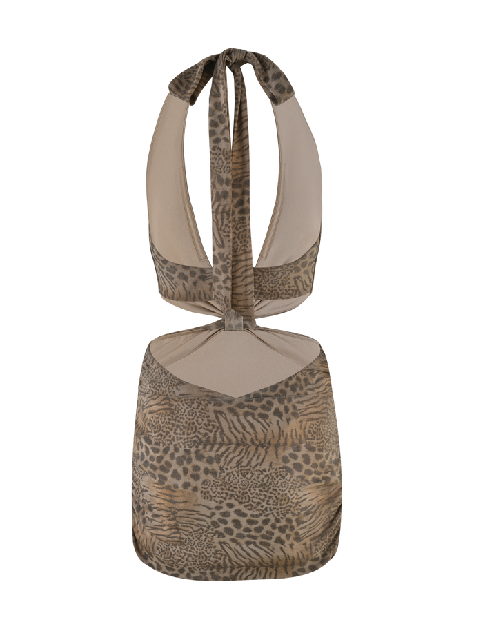 The EVANGELINE MINI DRESS - NEUTRAL TIGER by TIGERMIST features a neutral tiger print and is displayed on a white background.