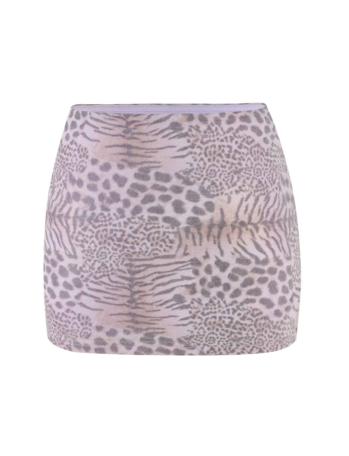 The EVANGELINE SKIRT by TIGERMIST is a high-waisted, bodycon mini skirt in pale pink with tiger print stripes. It features a seamless, smooth finish and no visible fastenings for a sleek look.